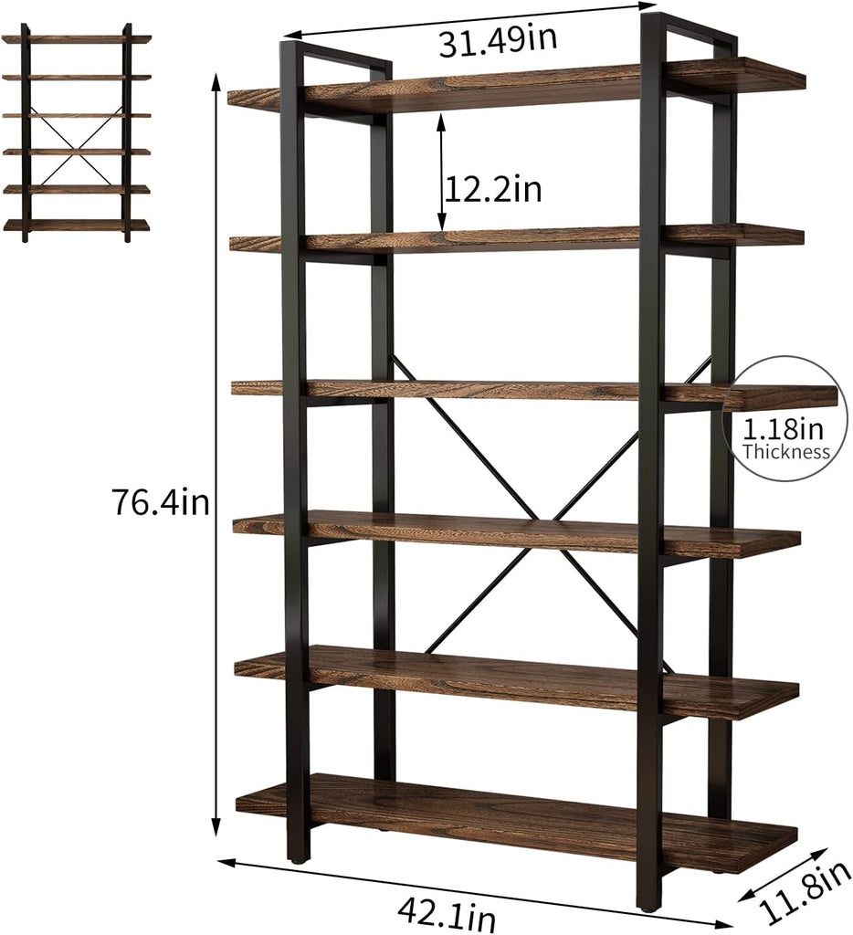 Solid Wood Bookcase and Book Shelves Wood and Metal Shelving Unit 6 Tier Bookshelf Modern Rustic Open Bookshelf