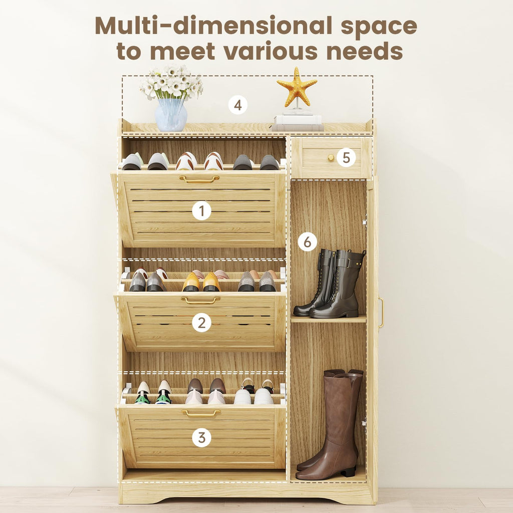 Shoe Cabinet Storage, Shoe Storage Cabinet with 3 Flip Drawers, Drawer & Adjustable Shelves, Slim Shoe Organizer