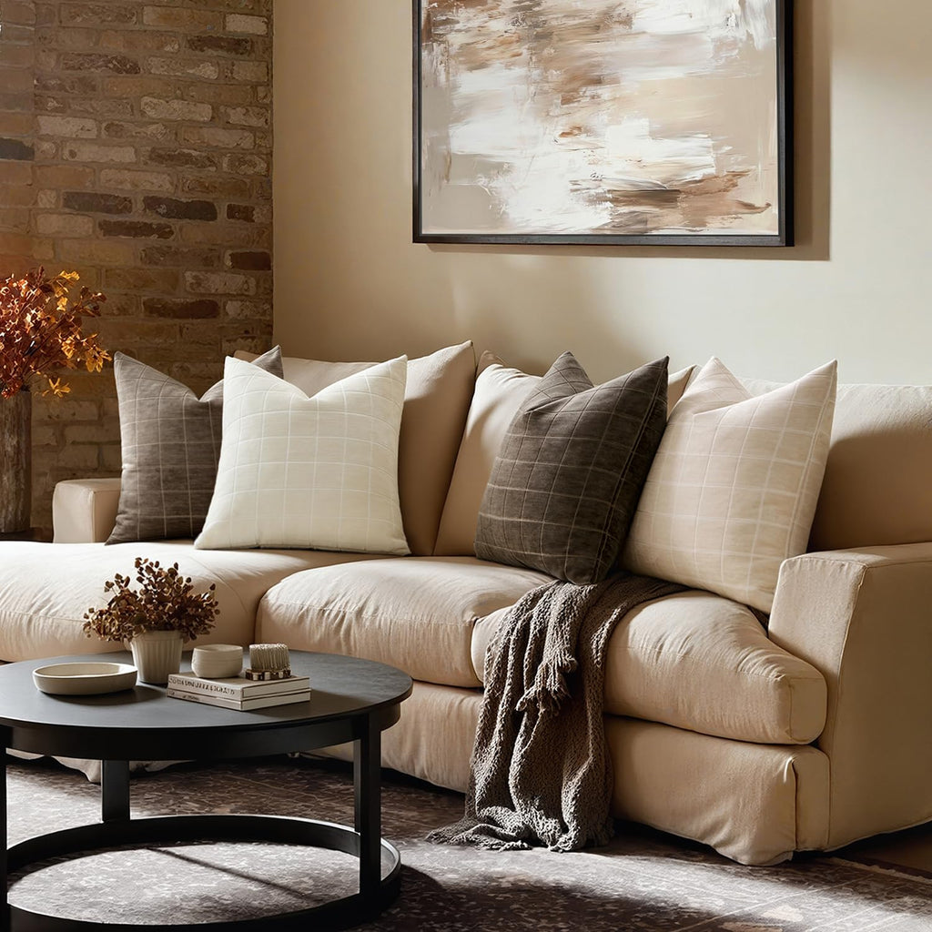Beige Plaid Decorative Throw Pillow Covers 18x18 Set of 2