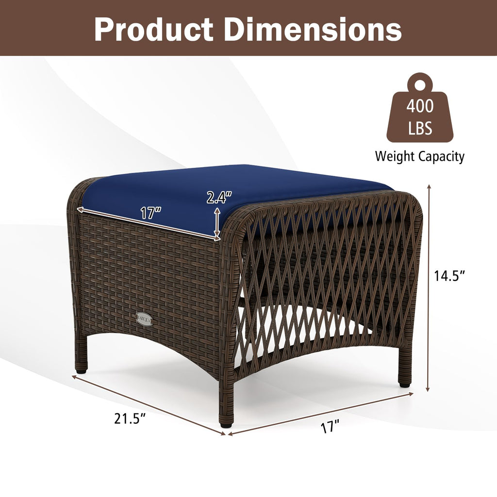 2 Pieces Outdoor Patio Wicker Ottomans with Removable Cushions, Outside Footrest for Additional Seating, Footrest and