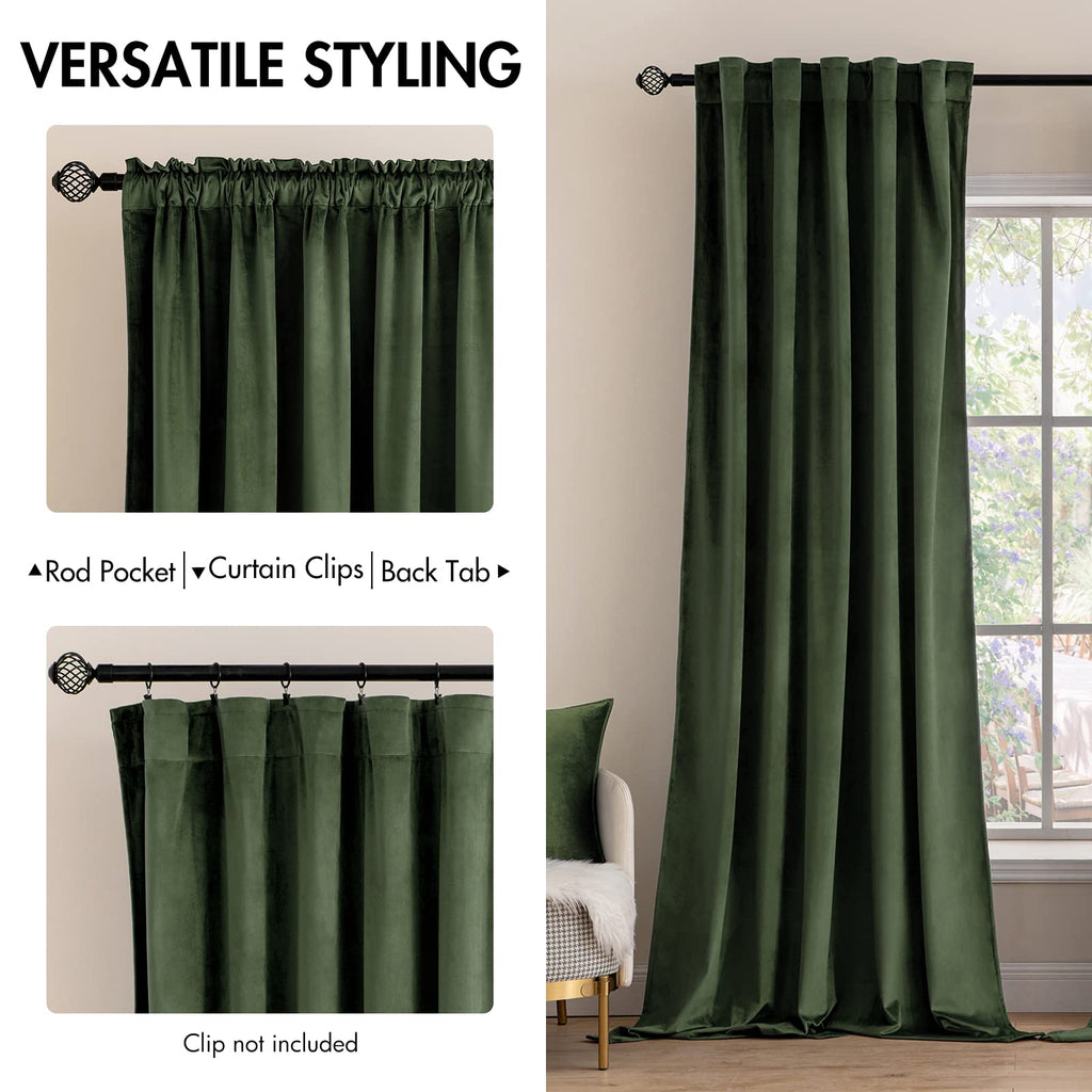 Velvet Curtains 52x108 inches 2 Panels Olive Green Blackout Curtains