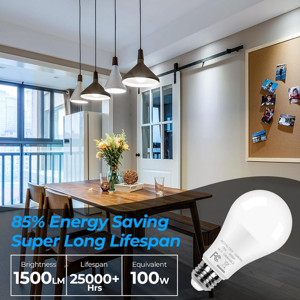 12-Pack A19 LED Light Bulbs 100W Equivalent Bulbs, Super Bright 1500 Lumens 13W 5000K Daylight White Bulbs with