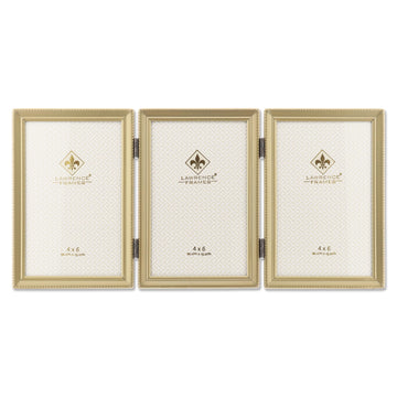Antique Brass 4x6 Hinged Triple Picture Frame - Bead Border Design, Satin Gold