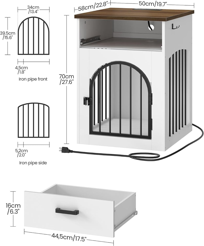 Dog Crate Furniture, Wooden Dog Kennel with Charging Station and Storage Drawer, Indoor Pet Crate End Table for Small