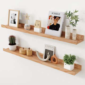 Oak Picture Ledge Shelf, 36 Inch Floating Shelves Set of 2, Solid Oak Wood Wall Shelves with Lip, Wall Decor Storage