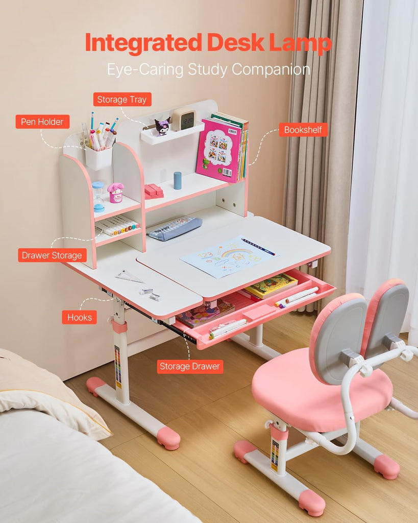 Kids Study Chair and Desk Set, Study Desk and Chair for Kids with Bookshelf & Storage Drawer, Adjustable Height &