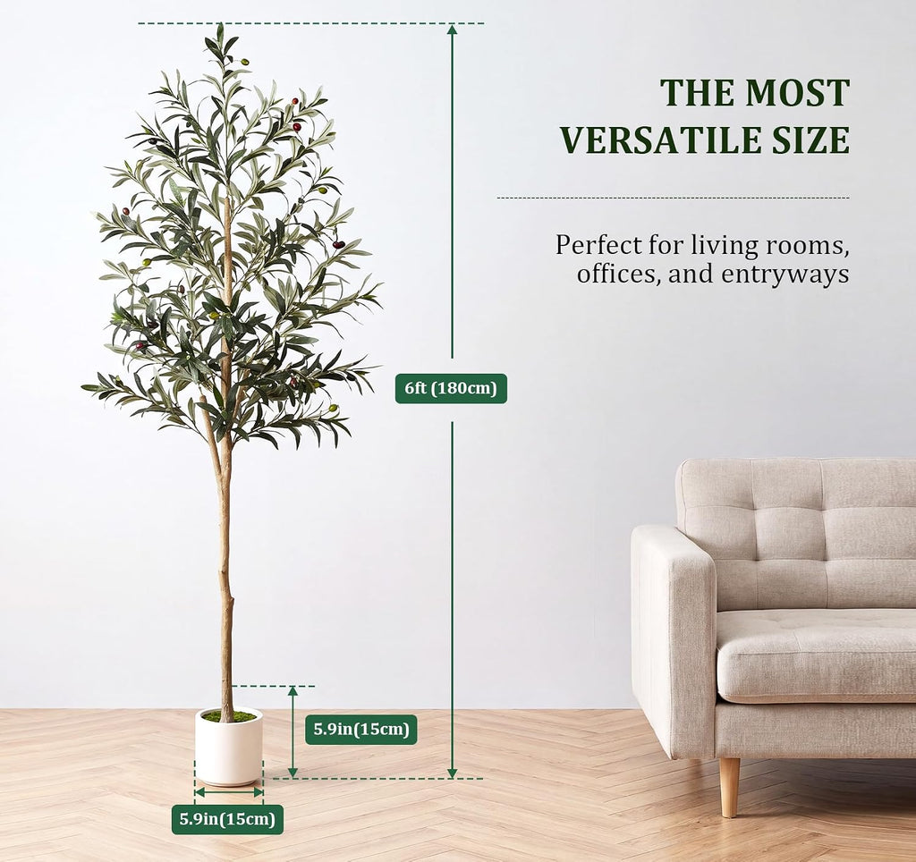 Artificial Olive Tree 6FT with Natural Wood Trunk, Realistic Silk Leaves