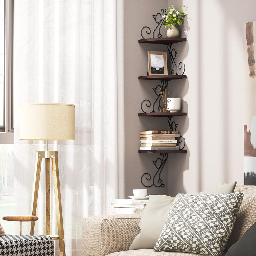 4-Tier Cat Shaped Corner Floating Shelf Wall Mount, Walnut