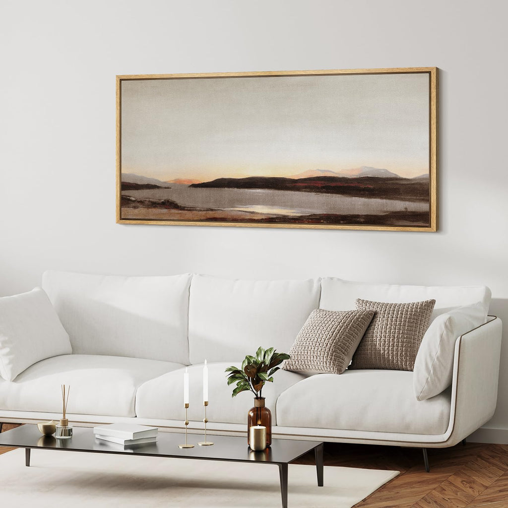 Extra Large Framed Canvas Print Wall Art Tranquil Lake at Sunset Soft Tones Antique Retro Fine Art Illustrations