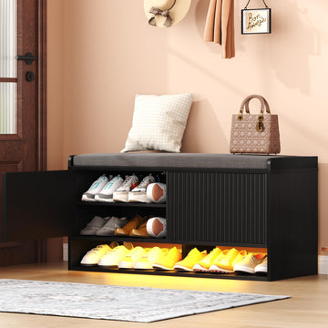 39.4" Fluted Shoe Storage Bench, Entryway Bench with Linen Seat Cushion, Shoe Cabinet Bench with Adjustable Shelf and