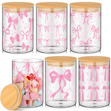 6 Pcs Valentines Day Pink Bow Glass Storage Jars with Airtight Lid 19 oz Pink Bow Decorative Canisters Sets Sugar