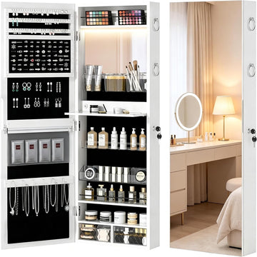 LED Jewelry Mirror Cabinet, Lockable Wall or Door Mounted Jewelry Armoire Organizer, Full Length with Storage, White