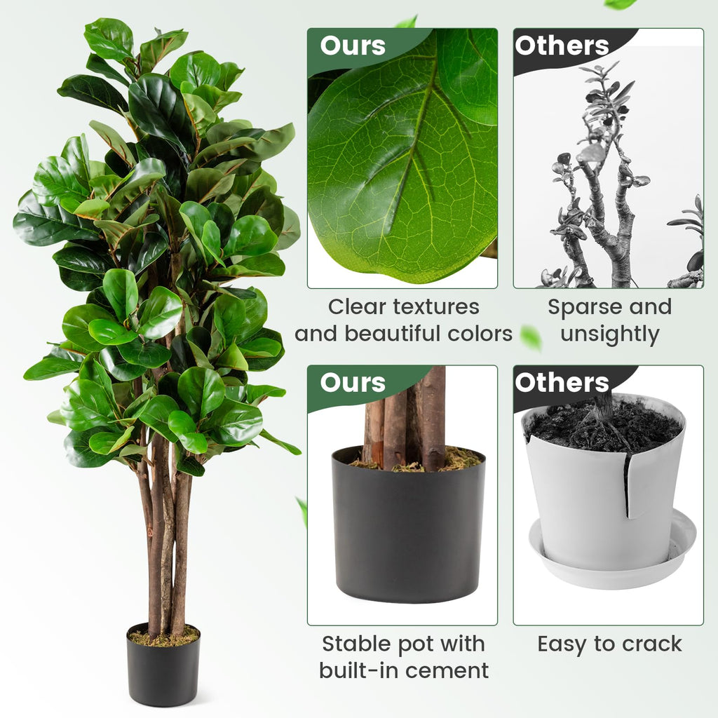 5FT Artificial Greenery Tree, Indoor Fake Fiddle Leaf Fig Tree Plants in Pot, Faux Ficus Lyrata Tree Decoration