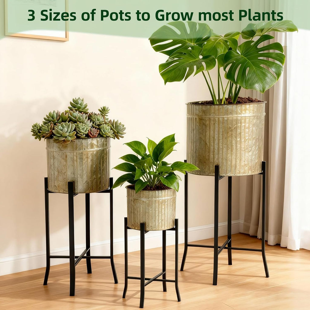 Set of 3 Planters with Stand, 23'' 27'' 37'' H Corrugated Galvanized Planters Pot with Removable Stand Farmhouse