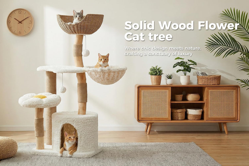 Boho Cat Tree for Large Cats, 48.5" Flower Cat Tower, White