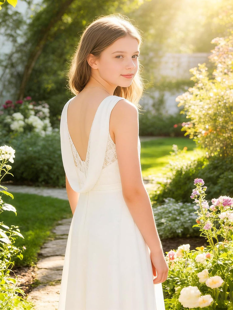 Girls Chiffon Maxi Dress Draped Back Flower Girl Wedding Dress