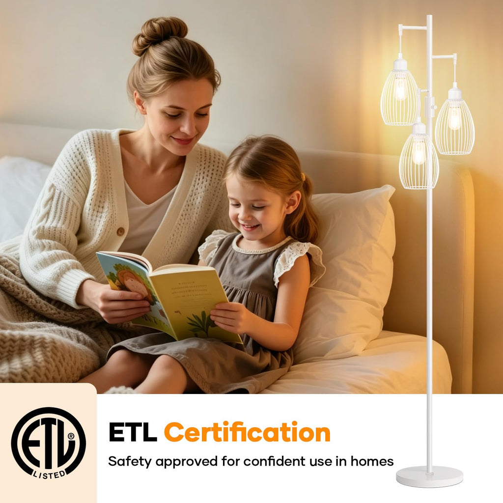 Dimmable Floor Lamp, 3 x 800LM LED Edison Bulbs Included, Floor Lamp Standing Lamp with Elegant Teardrop Cage Heads