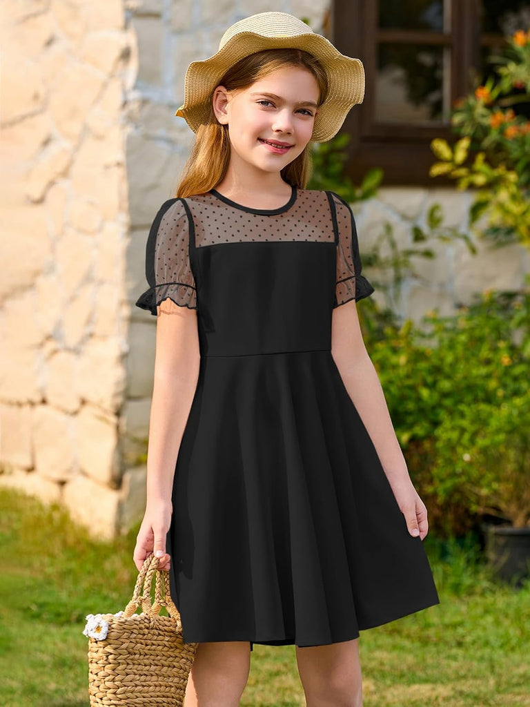 Girls Contrast Mesh Puff Sleeve Dress Kids Casual Party Dress
