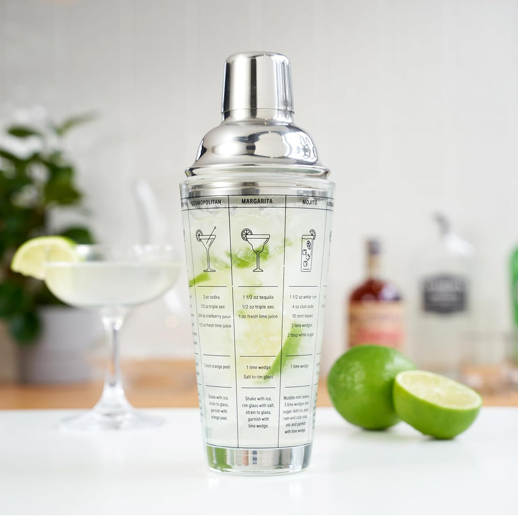 Glass Cocktail Shaker with 7 Classic Recipes and Measurements for Cold Brew Cocktails, Home Bar Accessories, Bar