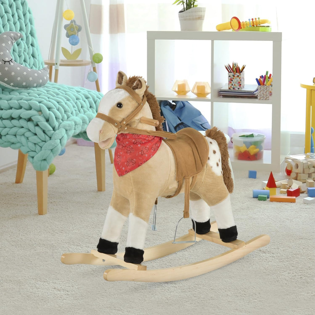 Kids Plush Ride-On Rocking Horse Toy with Fun Realistic Sounds Beige