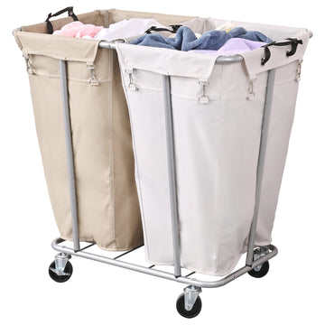 2-Section Rolling Laundry Sorter, Oat and White