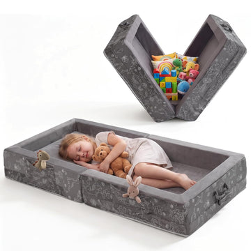 Portable Toddler Travel Bed 2-in-1 Foldable Floor Bed with 2.75" Thick Soft Foam, Machine-Washable Crystal Velvet
