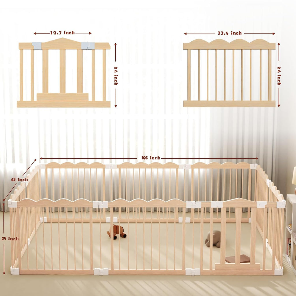 Foldable Baby Playpen Natural Wood Playpen for Babies,Toddlers,Kids Portable Infant Play pens with Door Extra Large