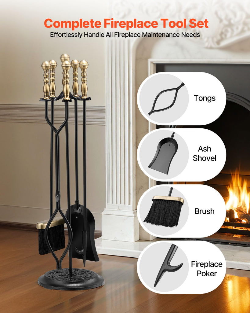 Fireplace Tool Set, 5 PCS Fire Tool Set and Holder with Five-Prong Stand, Tongs, Ash Shovel, Brush, Fire Place Poker