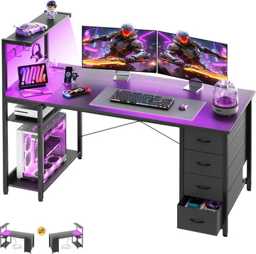 55in Gaming Computer Desk with Drawers & Storage Shelf & Iron Hook, Black | LED Light, Power Outlet, Reversible