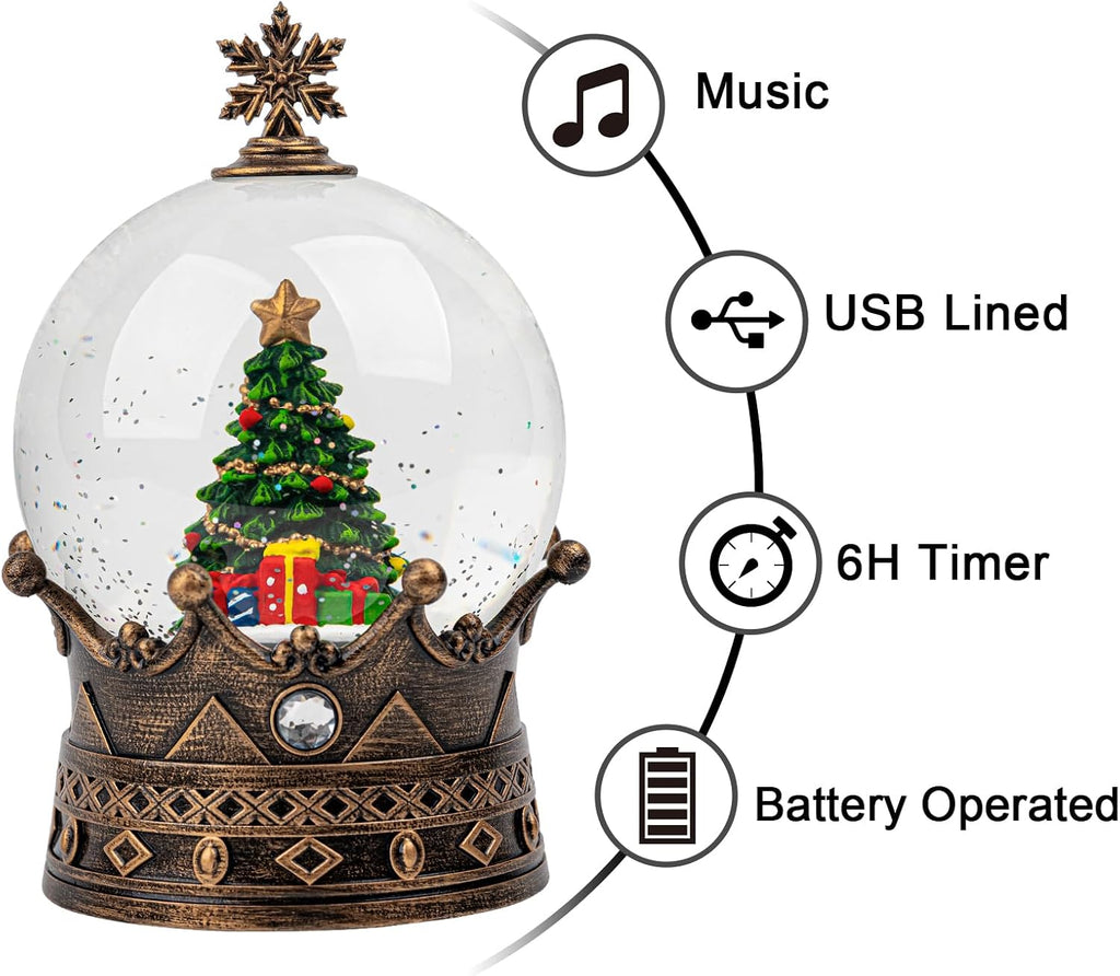 Christmas Snow Globe Lantern Water Glittering Christmas Tree Crown with Music, USB Lined/Battery Operated Lighted
