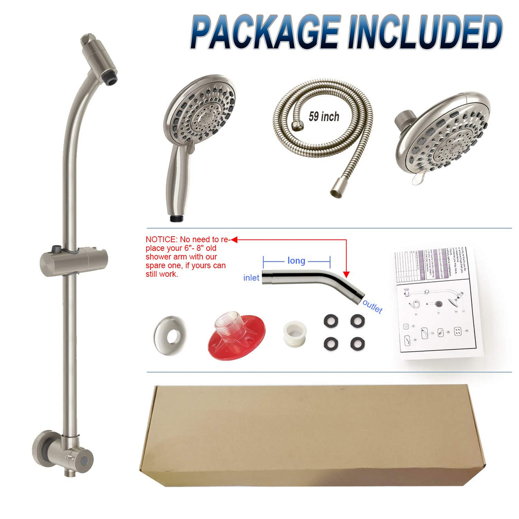 Handheld Showerhead & Rain Shower Combo for Easy Reach, 27.5" Drill-free Stainless Steel Slide Bar, 5"of 5-setting