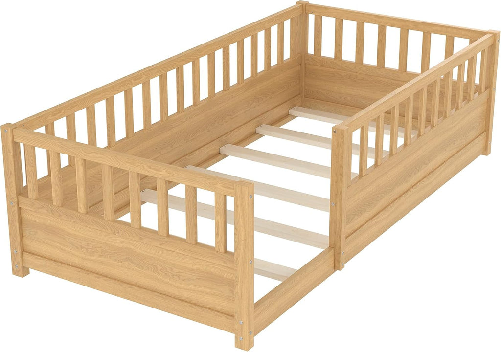 Floor Bed with Slats and High Guardrail, Montessori Floor Bed with Fence, Easy Assemble