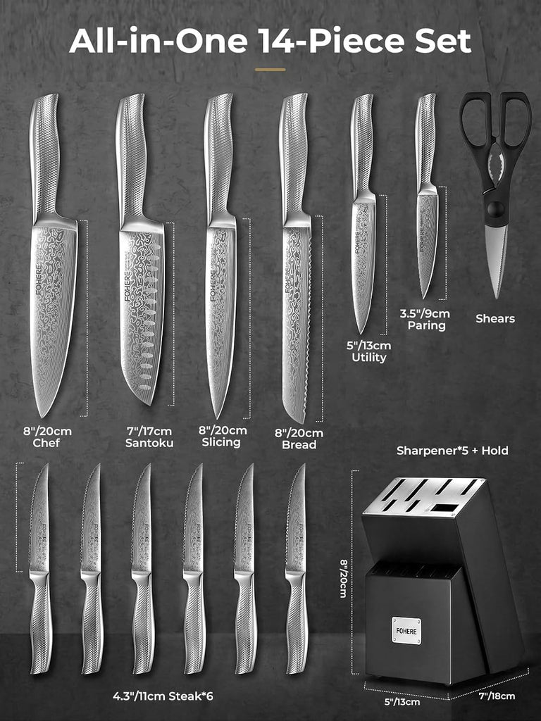 Knife Set, 14 Pieces Kitchen Knife Set with Built-in 5 x Sharpeners, Waved Texture Knife Set with Block, Stainless