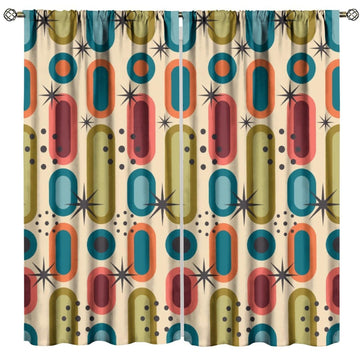 Mid Century Atomic Starburst Curtains, Modern Mid Century Retro Grid Orange Geometric Abstract Patterns Print