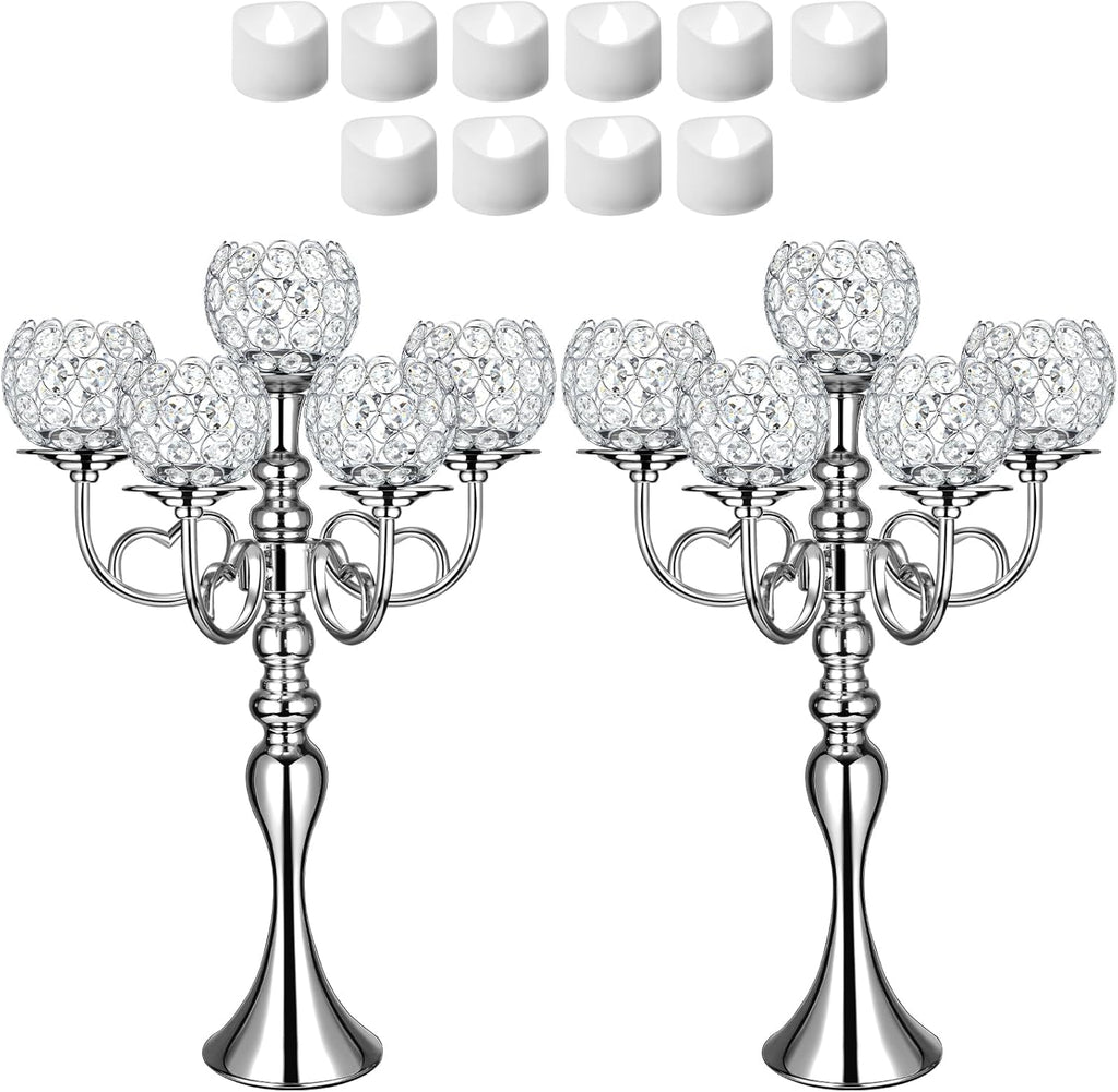 2 Pcs Wedding 5 Arm Crystal Silver Candelabra Table Centerpieces with 12 LED Light 21.5'' Tall Candle Holder Bowl