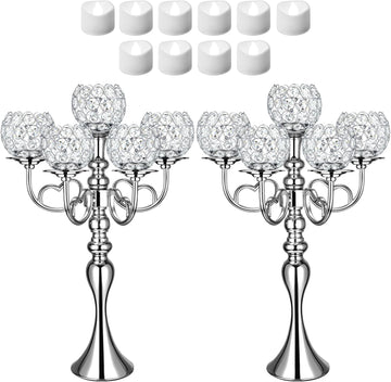 2 Pcs Wedding 5 Arm Crystal Silver Candelabra Table Centerpieces with 12 LED Light 21.5'' Tall Candle Holder Bowl
