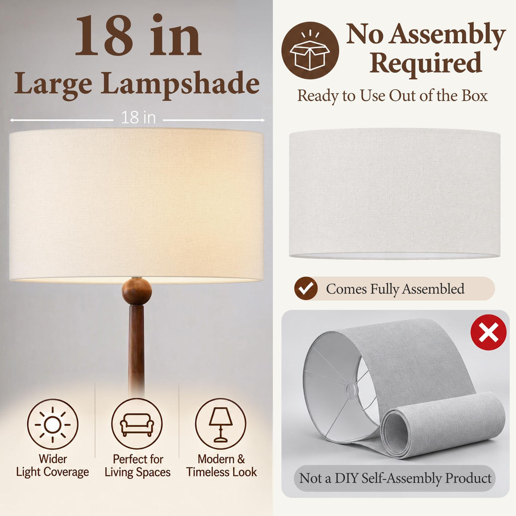 65 Inch Single Ball Walnut Wood Floor Lamp with Linen Shade, Cream