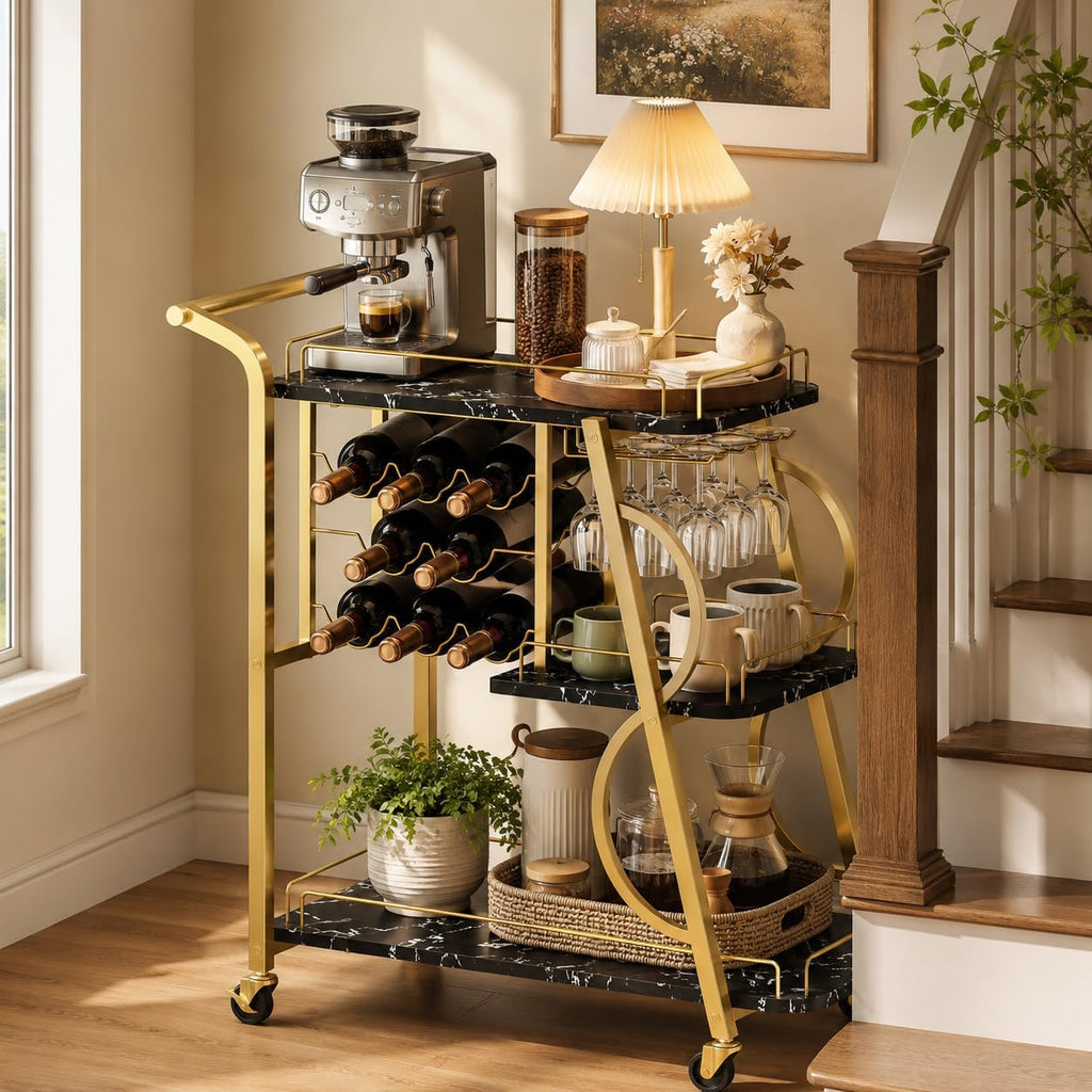 Bar Cart Bar Serving Cart on Wheels, 3 Tier Liquor Carts with Wine Rack and Glass Holder, Rolling Beverage Trolley
