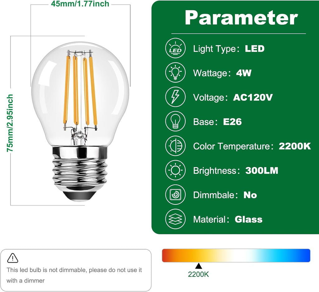 G45 E26 Small Round Edison Light Bulbs 120V 4W (30 Watt Equivalent),Warm White 2200K 300LM Decorative Edison Light