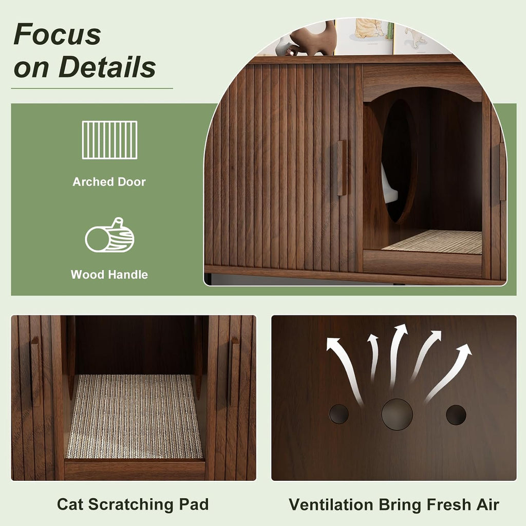 Double Cat Litter Box Enclosure Furniture, 59" Fluted Cabinet, Walnut