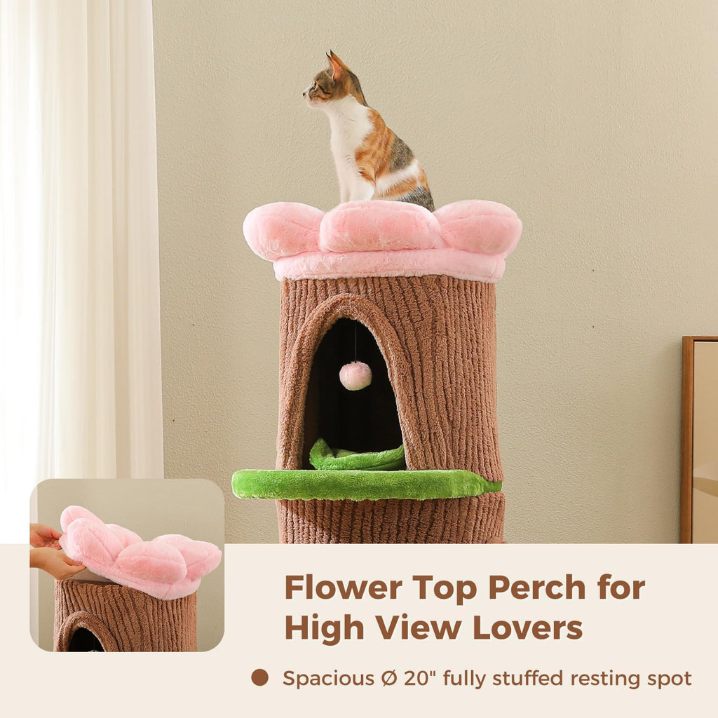 68.5" Forest Cat Tree Tower with 4 Condos & Flower Top Bed, Brown
