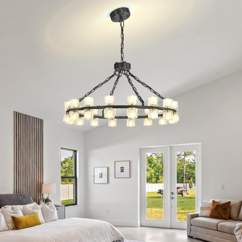 Inspired Arcachon Style Round Wagon Wheel Chandelier, 32" 32-Light Black, Extended 32" Chain — Foyer, Dining & Living Room