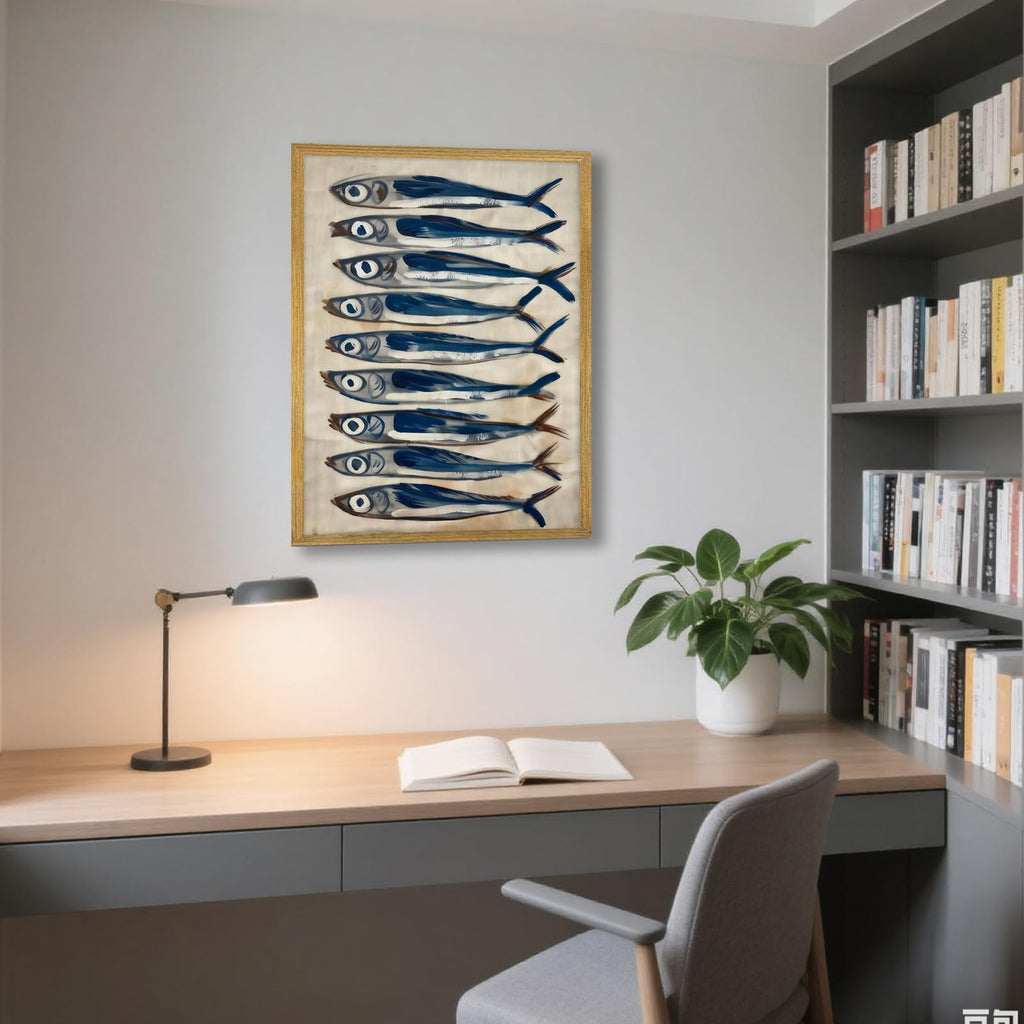Coastal Sardine Wall Art Framed Nautical Fish Poster Rustic Beach House Wall Decor Kitchen Dining Room Sea Life