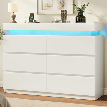 6 Drawer Dresser with LED Lights and Charging Station, Modern White Dresser