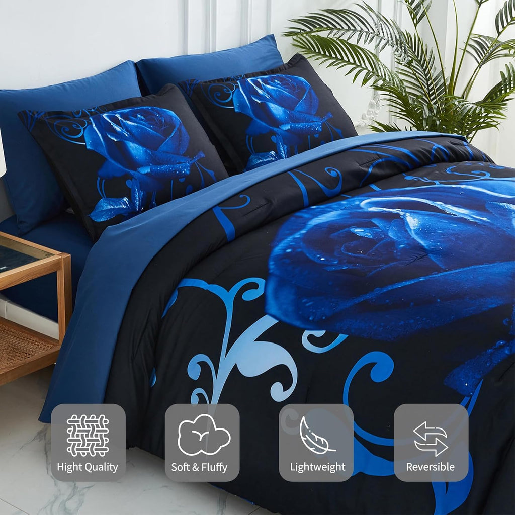Xruibed Blue Comforter Set Queen 7 Piece Bed in a Bag Blue Rose Comforter with Sheet Set Soft Micorfiber Reversible