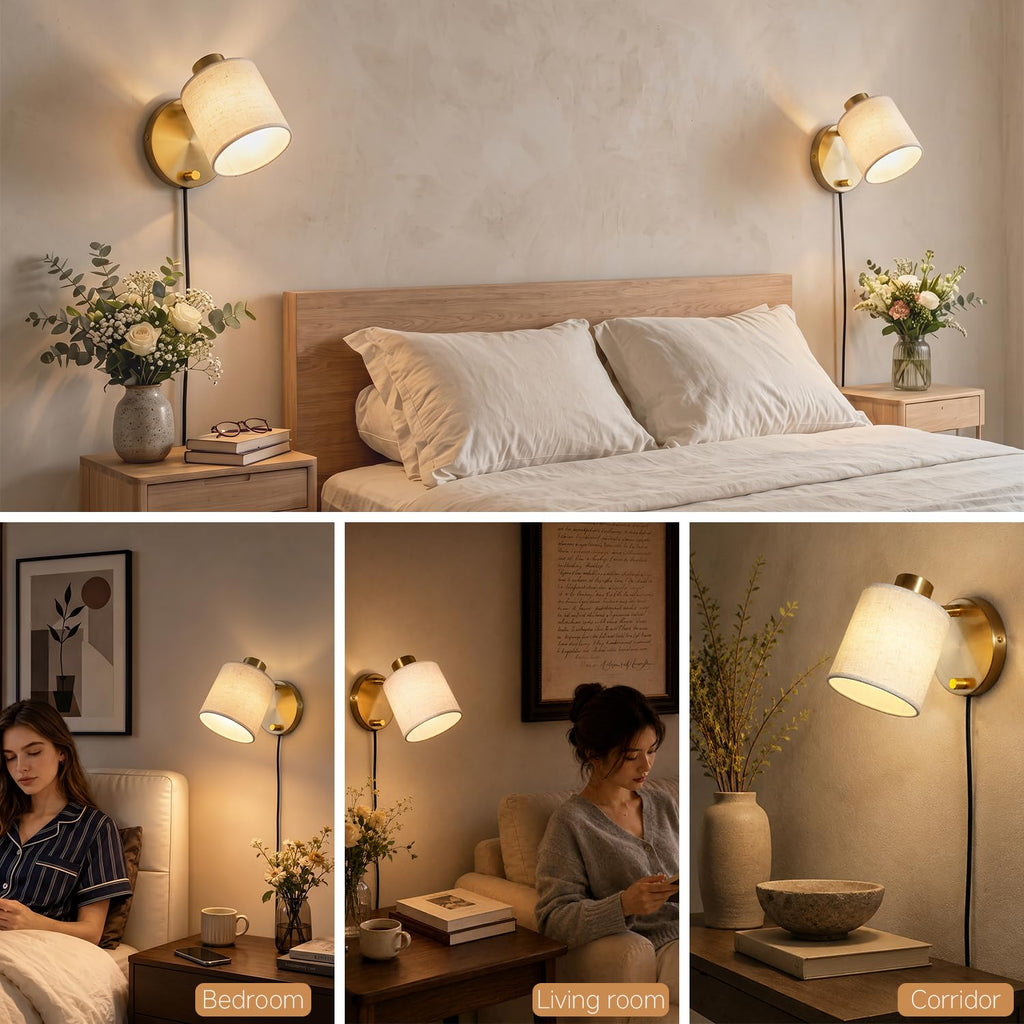 Plug-in Wall Sconce White Linen Shade Adjustable