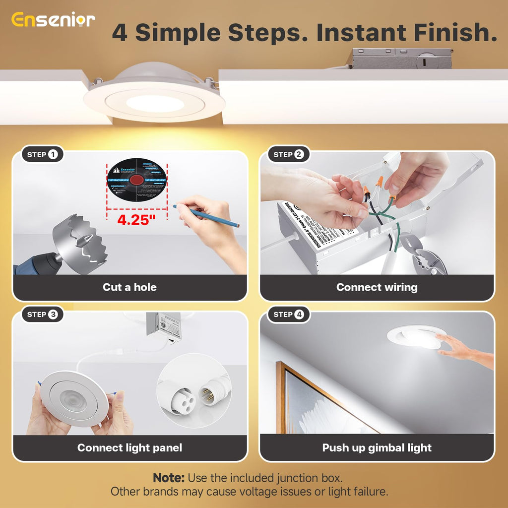 4 Inch Gimbal LED Recessed Light, 5CCT, 9W, 900LM, 12 Pack