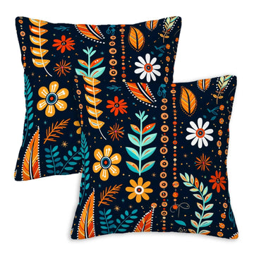 Navy Blue Folk Floral Throw Pillow Covers 18x18 Set of 2, Scandinavian Boho Decorative Cushion Covers, Botanical