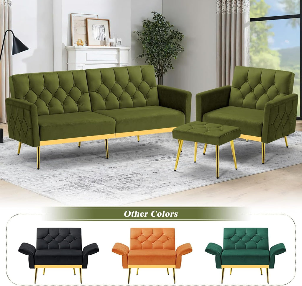 Velvet Accent Chair w/Adjustable Armrests and Backrests, Tufted Single Sofa with Ottoman, Upholstered Reading Chiar