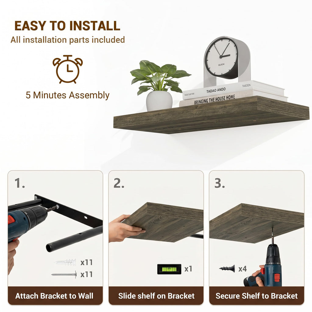 72in Floating Shelves, 9.25" Deep x 1.5" Thick Floating Shelves for Wall, Wooden Shelves, 1 Pack, Grey Oak